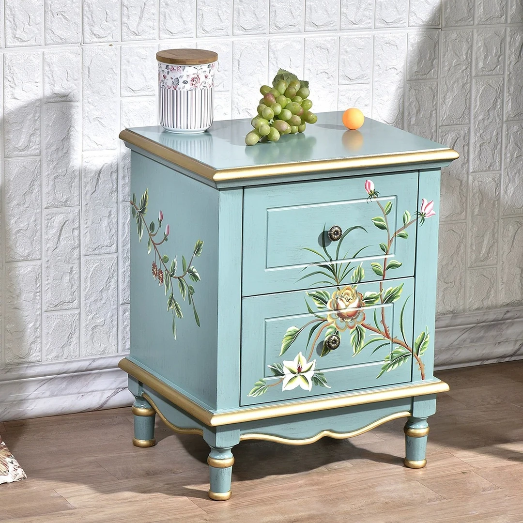 实木轻奢风床头柜小ins风卧室简约美式储物收纳边柜欧式彩绘边柜