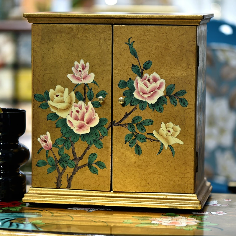 新中式手绘金箔装饰储物柜彩收纳柜