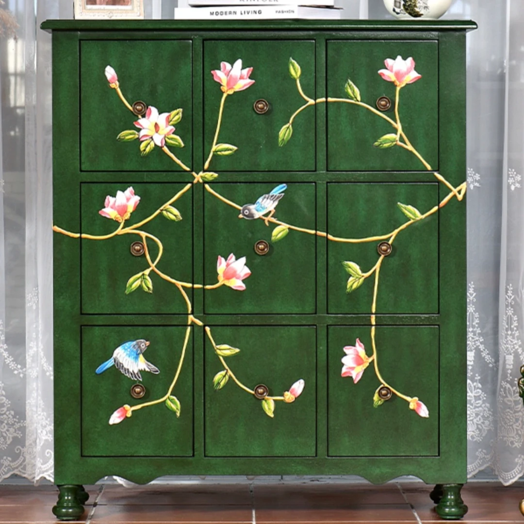 新中式九斗柜实木客厅复古做旧彩绘卧室抽屉收纳床尾靠墙储物橱柜