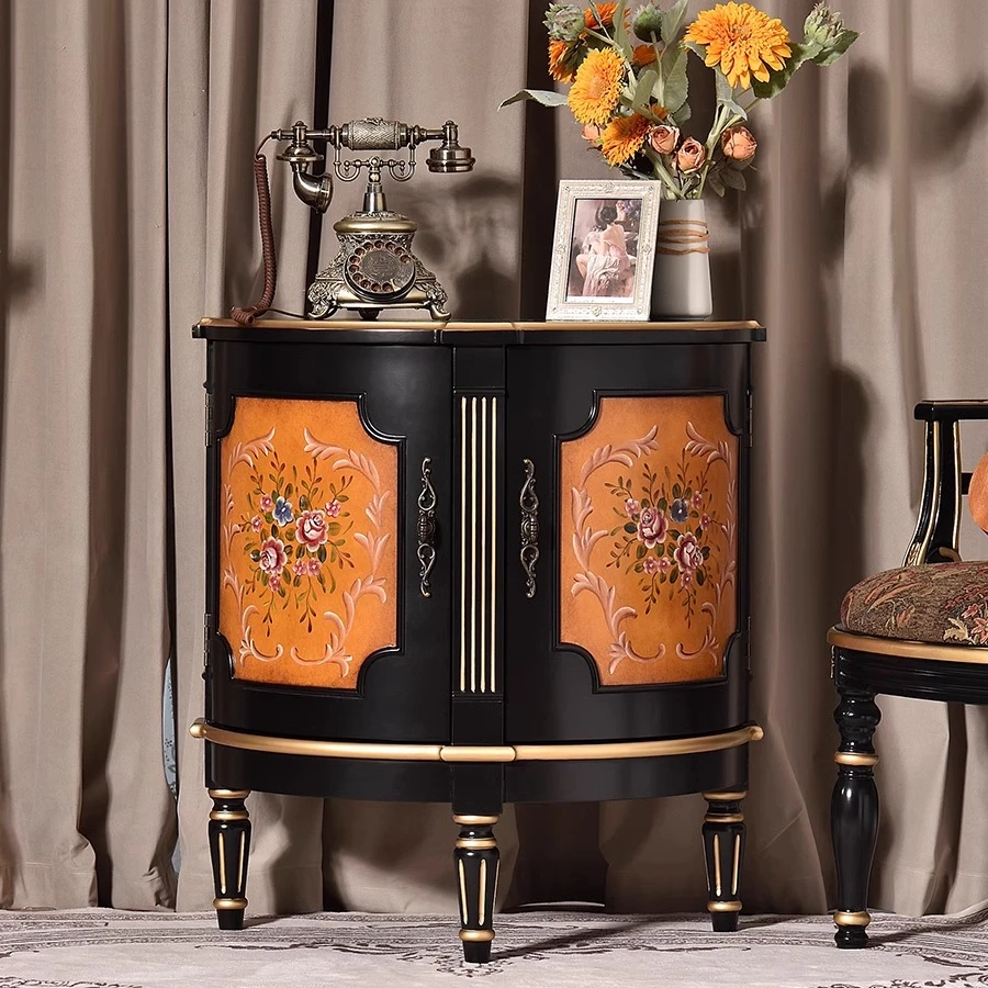 美式乡村复古彩绘角几边柜装饰门厅半圆靠墙玄关黑色收纳储物柜子