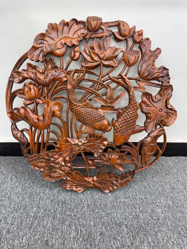 东阳木雕 直径80cm 荷花鱼香樟木实木手工雕刻挂件