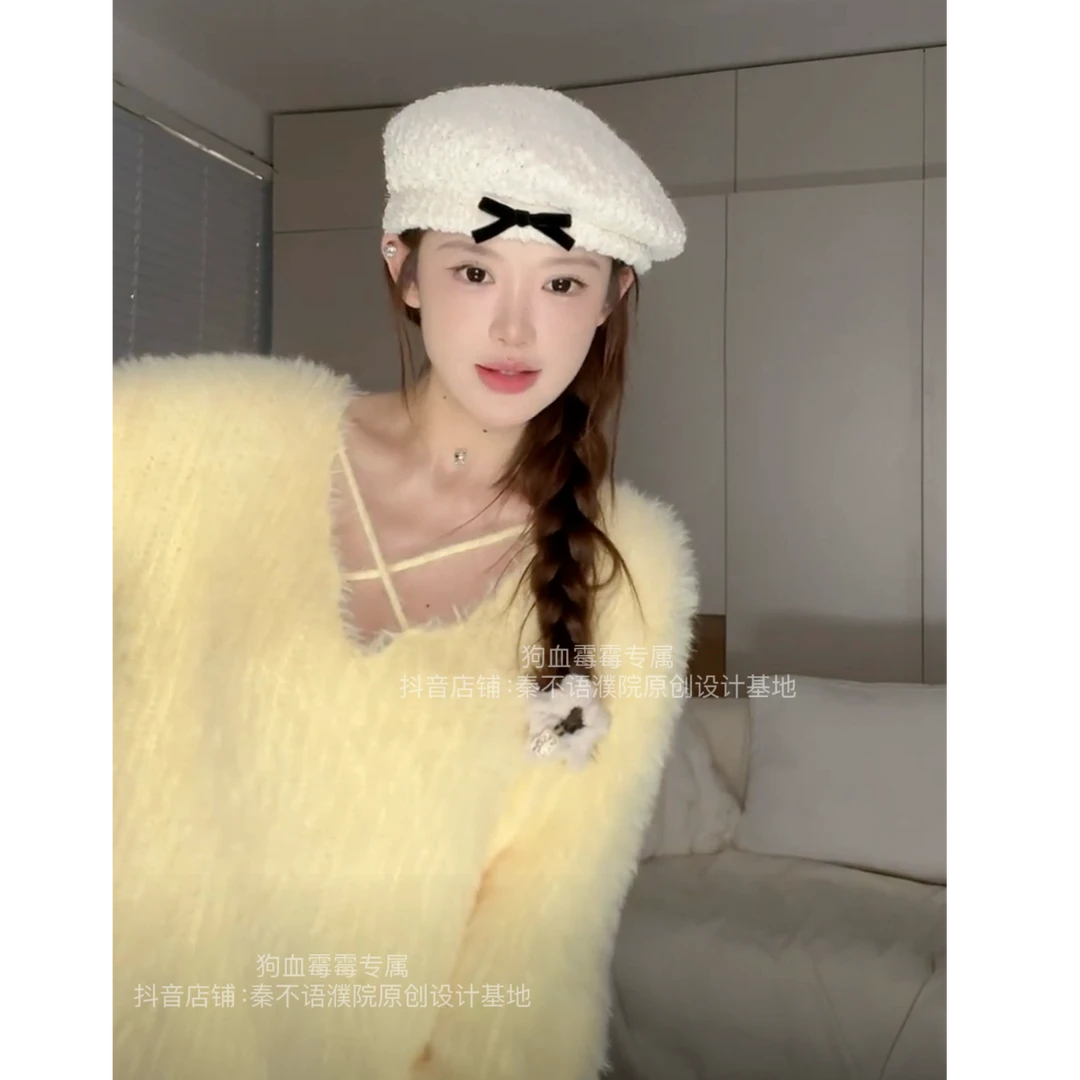 517套头交叉领口秋冬氛围感软糯水貂绒百搭针织衫女气质显瘦