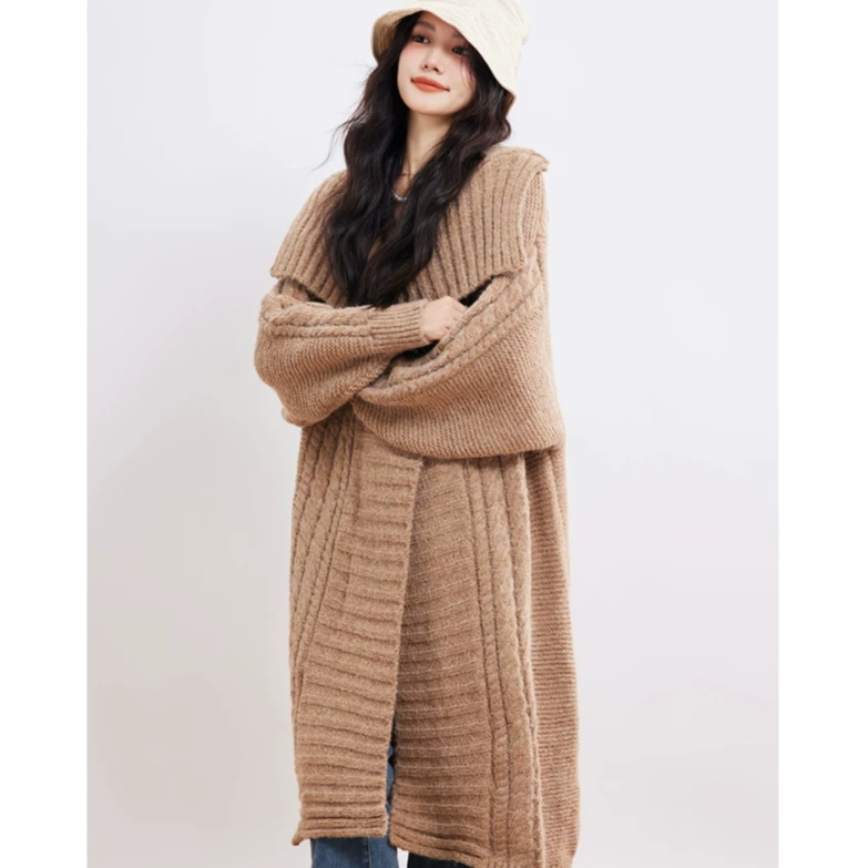 麻花翻领慵懒风过膝纯色宽松温柔感韩版针织秋冬加厚长款开衫外套