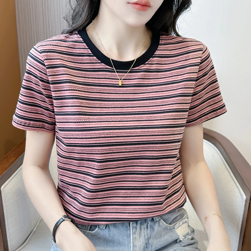 新款条纹短袖体恤气质百搭休闲女士夏季上衣显瘦YH-088-0602