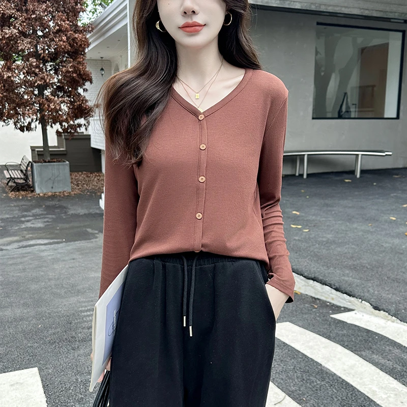 早秋新款领长袖恤纯色弹力棉薄款上衣休闲百搭款遮肚肉显瘦YH-156