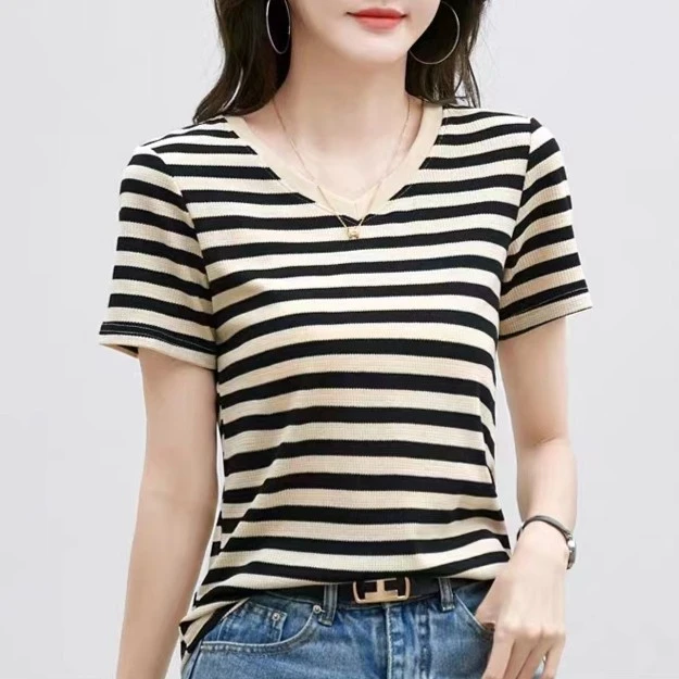 春夏新款华夫格撞色条纹短袖T恤V领百搭洋气上衣YH-397-0602
