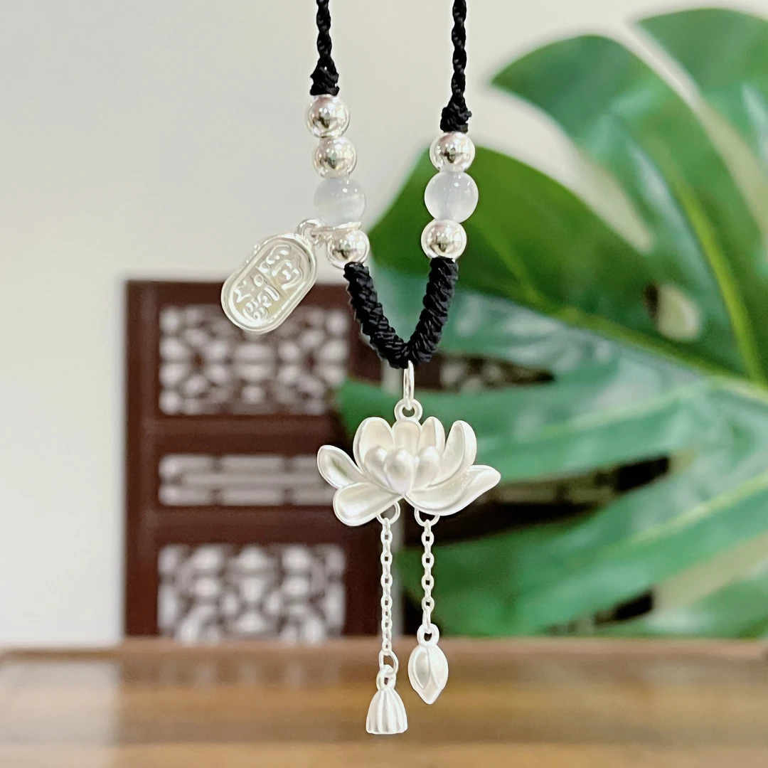 吊坠足银 莲花两世欢吊坠项链纯银999女款编绳时尚送女友小众饰品