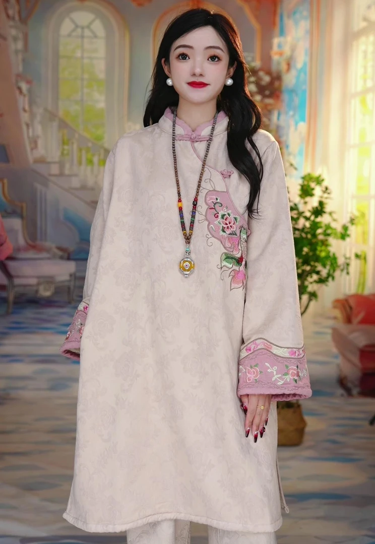 【花想容】复古棉麻提花刺绣中式禅意改良连衣裙女民国风旗袍式茶服