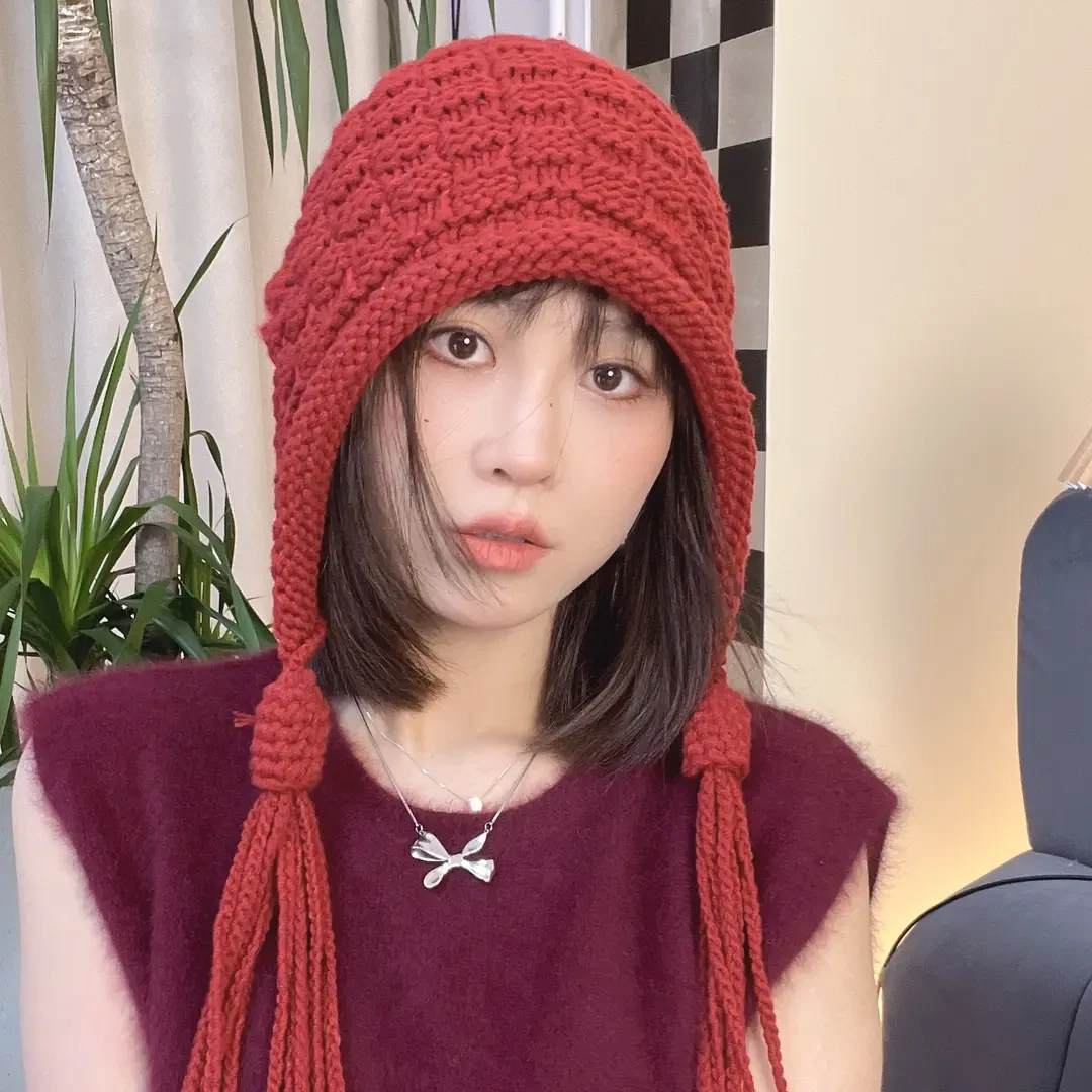 韩版新款高档女秋冬季保暖护耳帽长辫子针织帽子流苏套头显脸小