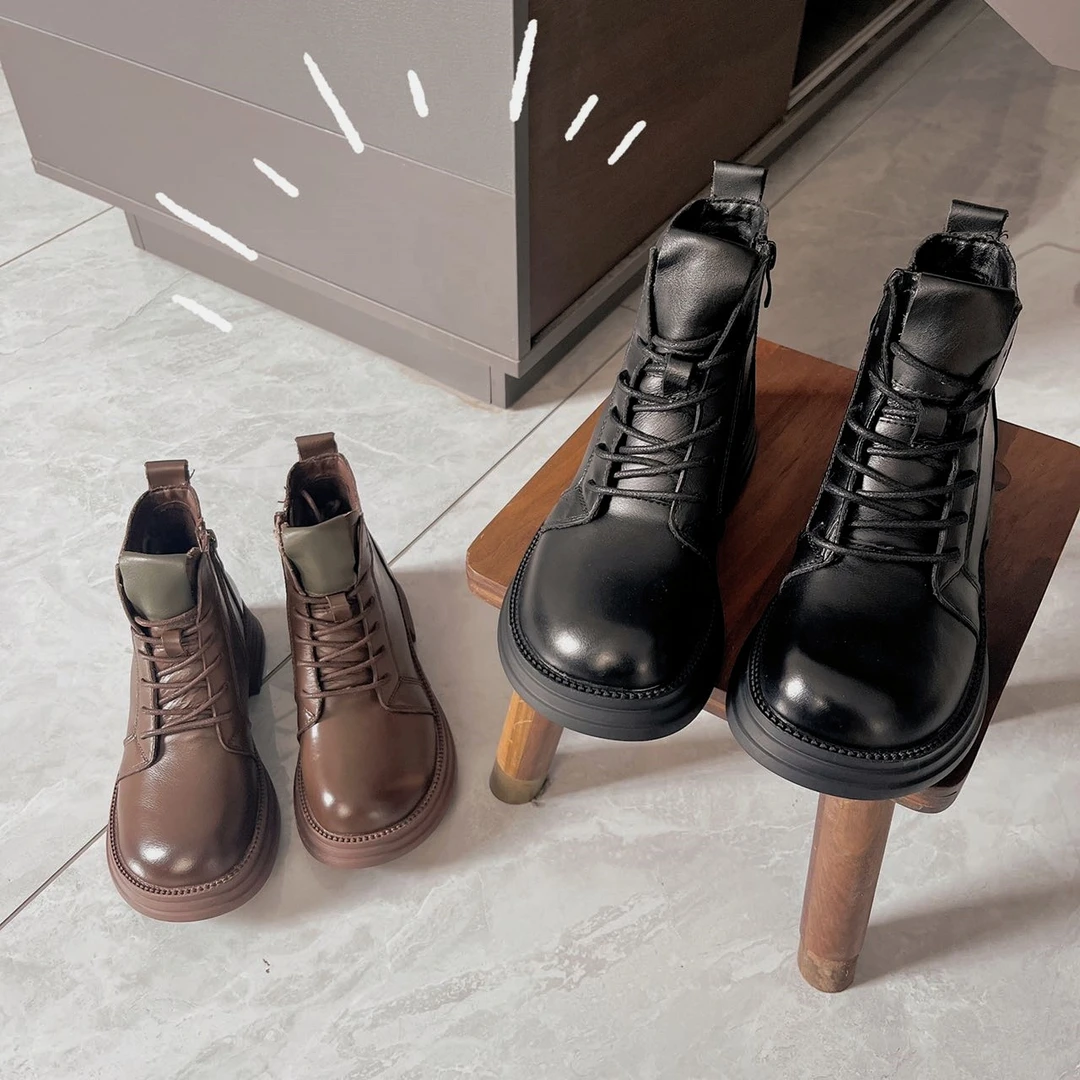 【三叔】加绒马丁靴新款女2024英伦厚底增高机车靴秋冬百搭 5003