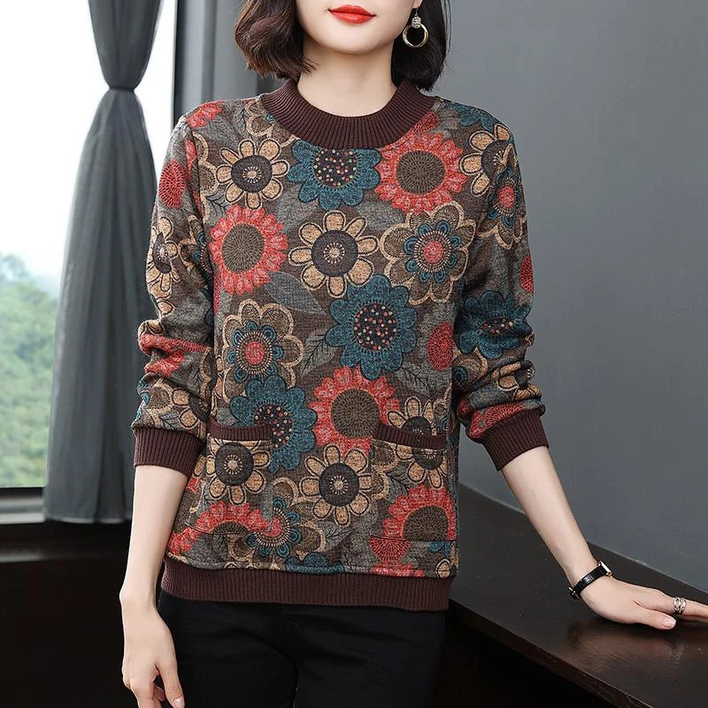 2023秋冬新款时尚碎花加绒保暖上衣妈妈装休闲宽松花色针织打底衫