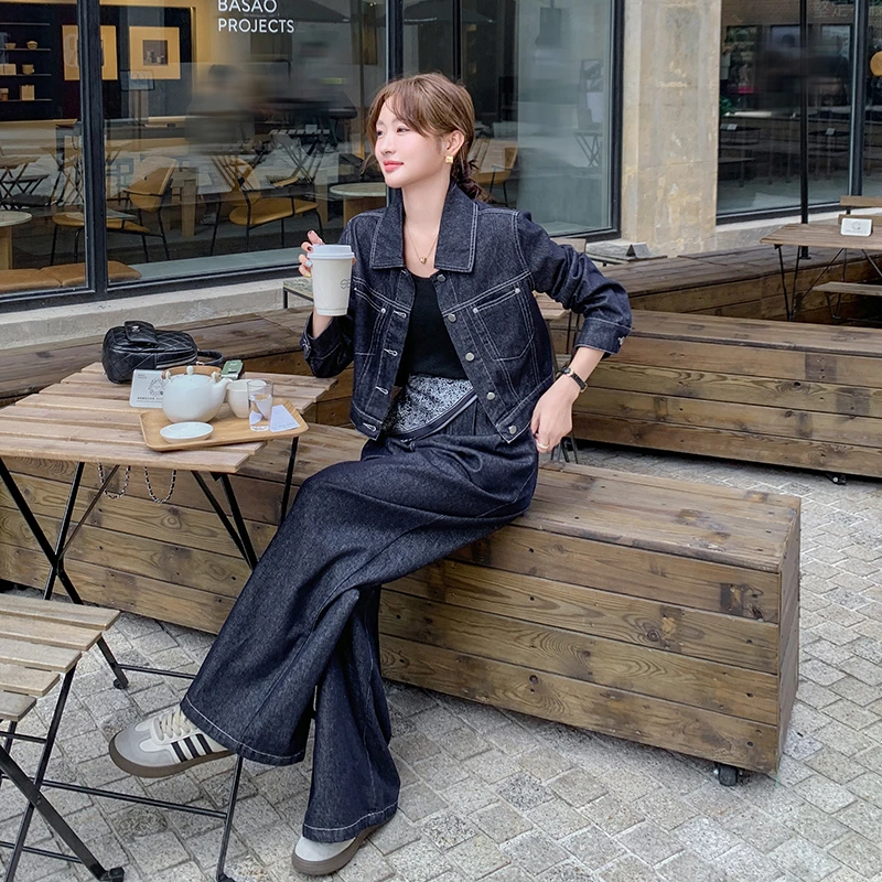 高级感港风复古牛仔阔腿裤两件套女春秋时髦短外套拖地裤酷飒工装