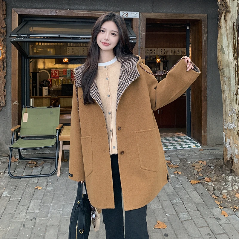 高端时尚抽绳连帽大衣拼色格子双面羊毛呢大衣女宽松减龄呢子外套