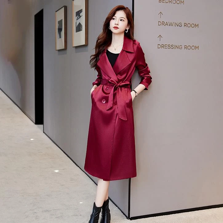 杭州意法醋酸缎面风衣外套女春秋垂感轻奢风收腰气质英伦长款大衣