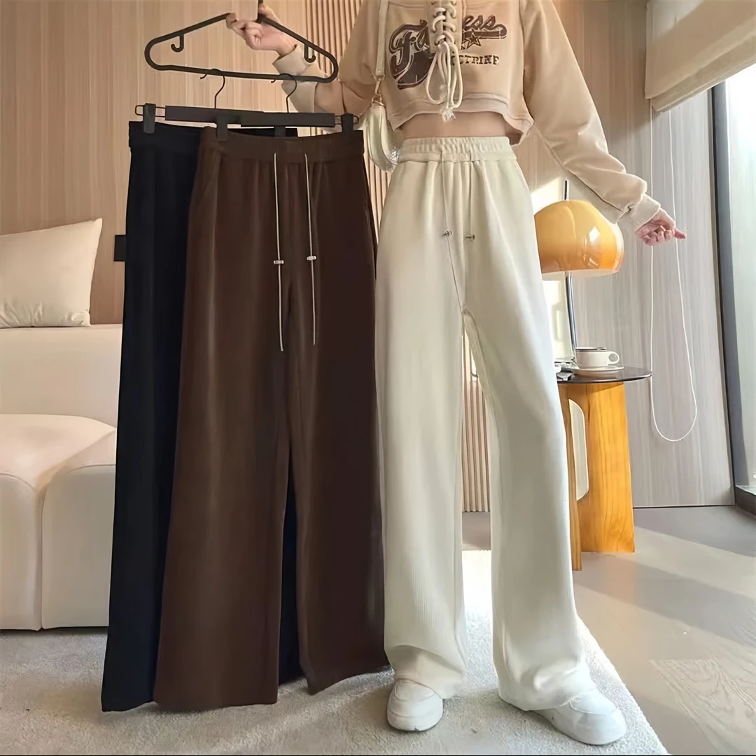 欧棉绒阔腿裤女2023新款秋季裤子高腰宽松显瘦春秋直筒休闲拖地裤
