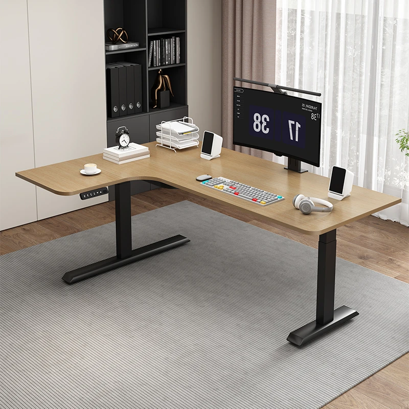 耐诚实木L型自动电动升降桌功能调节电脑桌转角桌双电机学习
