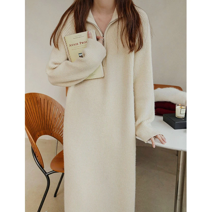 半高领拉链毛衣裙女秋冬韩系简约休闲宽松纯色针织连衣裙