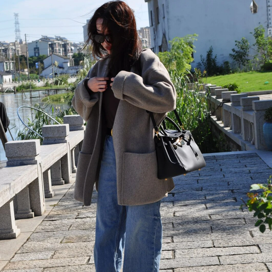 大牌感长毛100羊毛显瘦中款手工高定羊毛大衣气质