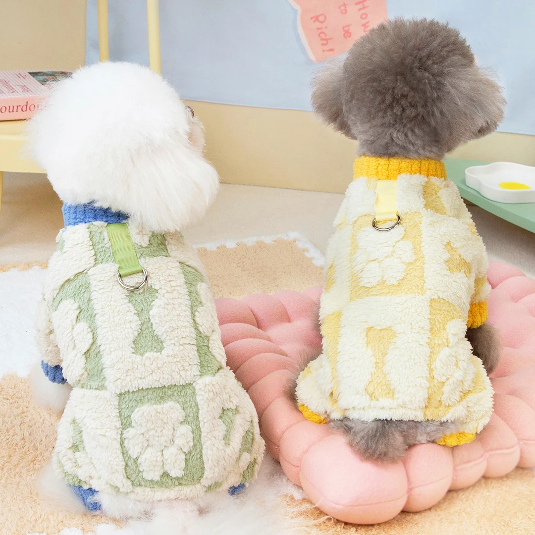 宠物小狗狗衣服泰迪比熊博美秋冬装加绒保暖小型犬牵引绳四脚绒衣