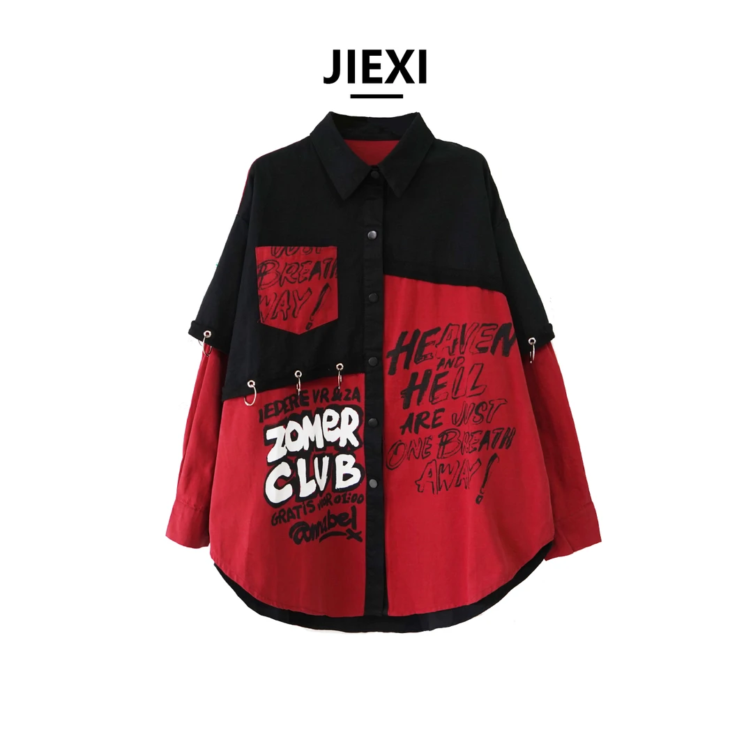 JIEXI潮牌百搭宽松早秋设计感重工印花假两件衬衫衬衣外套jx6191