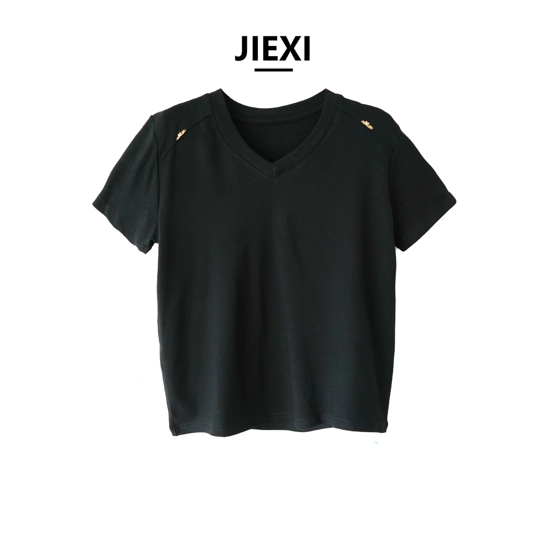 JIEXI时尚修身显瘦设计师轻奢美式夏季女士弹力短款百搭V领T恤613