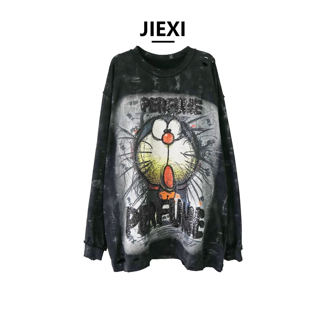 JIEXI设计师秋款休闲百搭美式做旧破洞多啦A梦潮酷卫衣jx20210