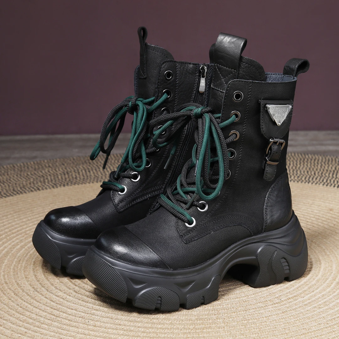 JEIXI头层牛皮百搭马丁靴个性圆头高帮女皮鞋潮酷系带靴子yy16860