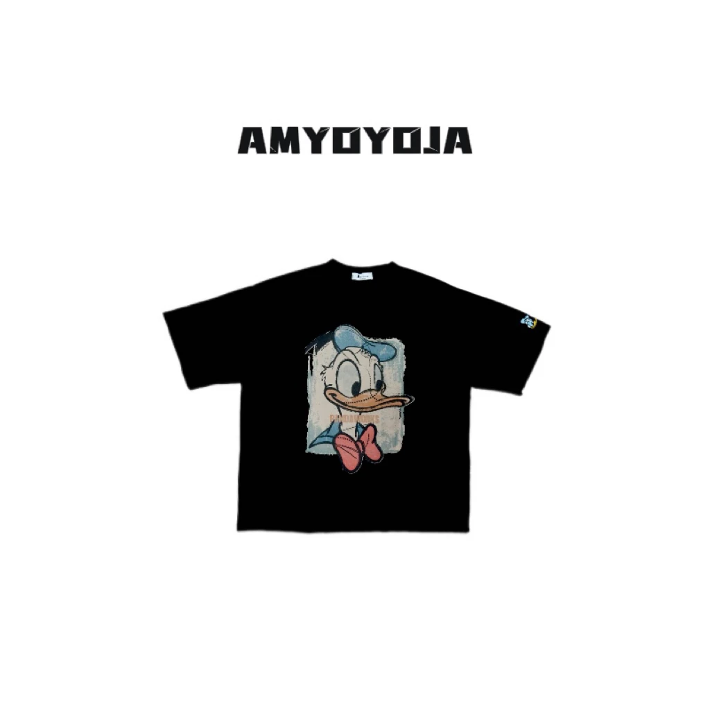 Super睿卡通水浆唐老鸭刺绣黑T恤宽松显瘦