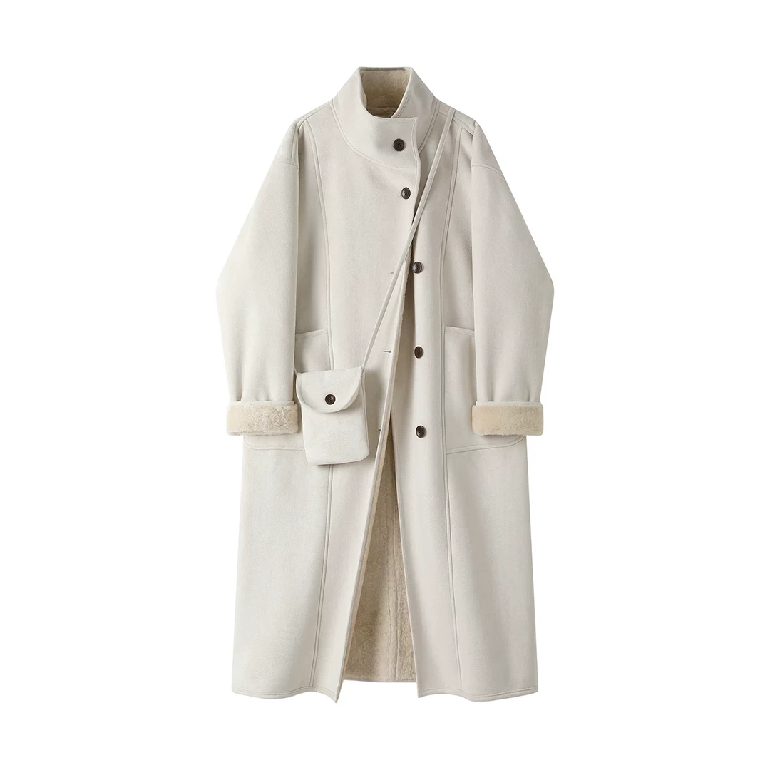 韩系高级感气质立领鹿皮绒羊羔绒女冬季加厚加绒风衣长款韩版外套