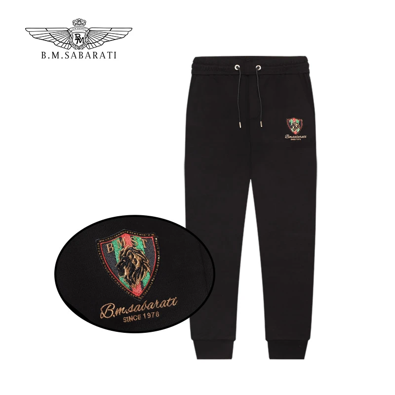 B.M.SABARATI专柜宝马秋冬黑色丝绒烫钻休闲束脚运动裤针织裤R