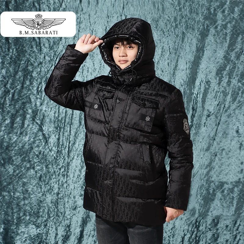 B.M.SABARATI 棉服男士冬季加厚夹绒黑色暗纹印花新款保暖外套W