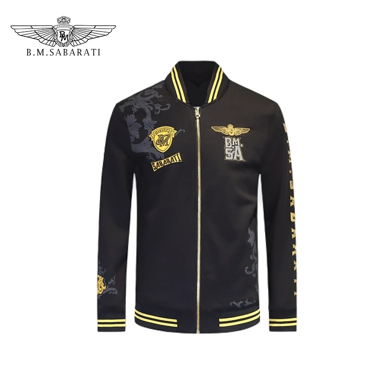 B.M.SABARATI 秋冬男棒球夹克暗纹提花鎏金针织开衫修身宝马外套E
