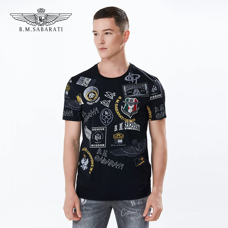 B.M.SABARATI 夏季新款男装复古字母印花丝光棉圆领修身短袖T恤E