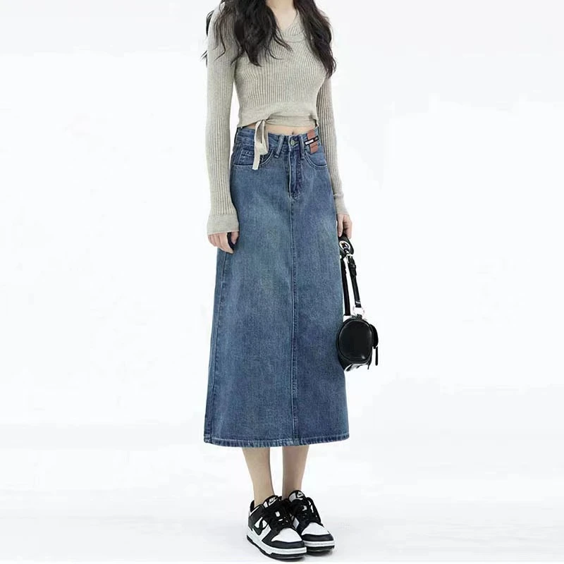 【今日发出】高腰宽松显瘦半身牛仔裙复古开叉a字梨形遮胯显瘦中长