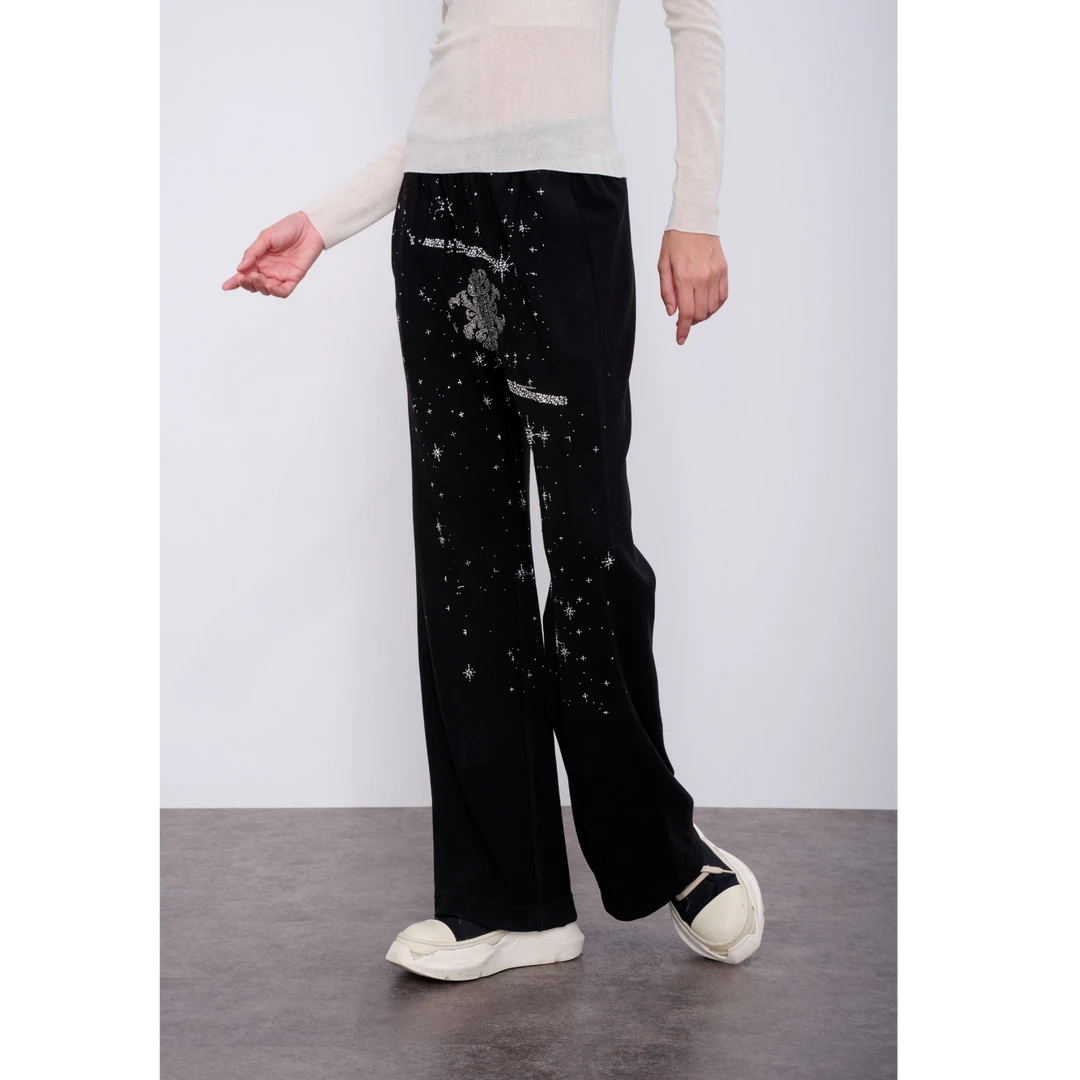 私服-TCH秋冬老钱风复古时尚百搭烫钻阔腿黑色休闲裤T72C20E5019