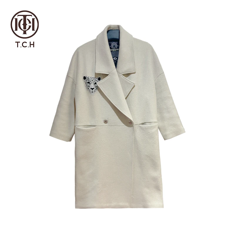 轻奢-TCH潮牌重工烫钻设计师时尚百搭中长款米色大衣T69D28E6010