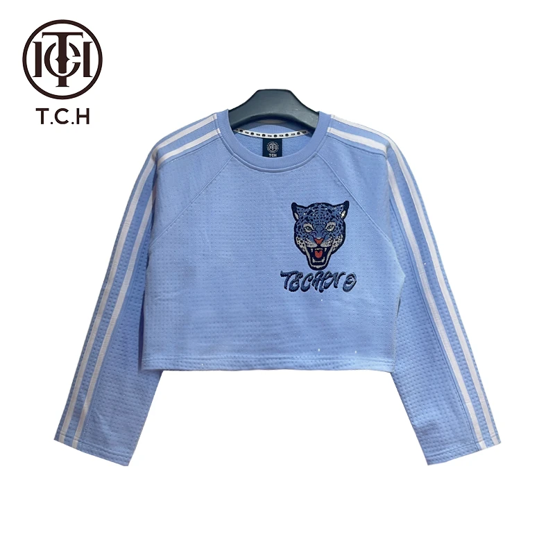 线上-TCH潮牌重工满钻潮流休闲百搭洋气蓝色短款卫衣T69C11E6001