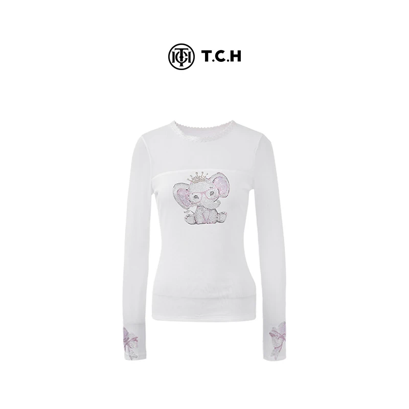私服-TCH潮牌老钱风长袖T恤白色小象烫钻T72C08E5018
