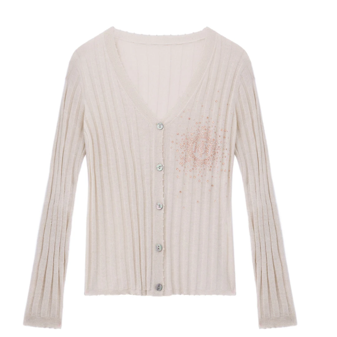 TCH轻奢烫钻工艺雅丹风长袖针织百搭打底开衫T72C43E9001私服tch