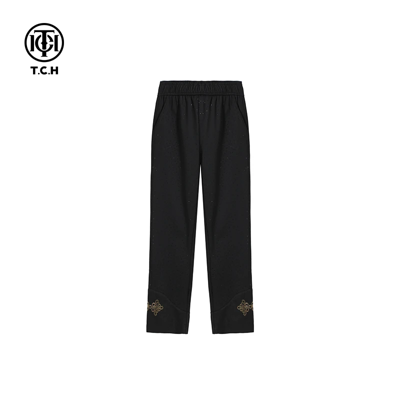 TCH潮牌春夏新款黑色满钻时尚休闲新中式宽松直筒裤T72A20E9001