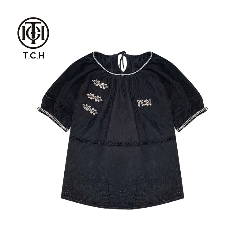 TCH轻奢烫钻工艺重工新中式时尚黑色T恤女T72B10E9085私服tch
