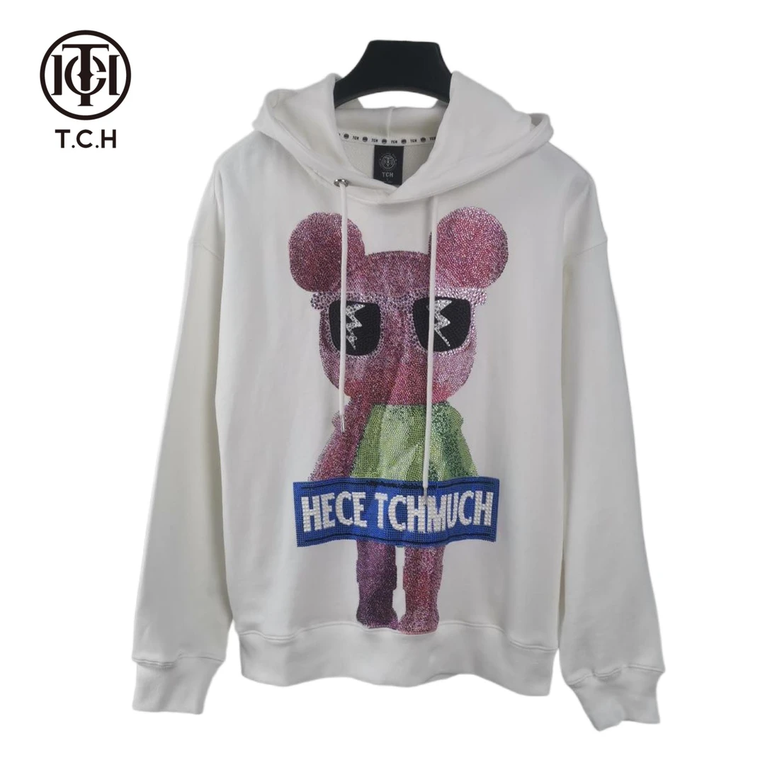 奥莱-TCH潮牌墨镜小熊烫钻时尚休闲百搭潮流白色帽衫T66C12E6001