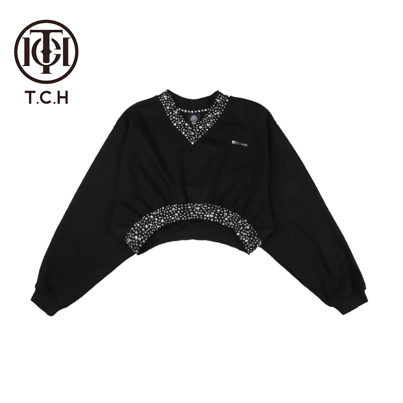 TCH潮牌高定洋气轻奢手缝烫钻时尚黑色长袖短款卫衣T69C11E6003