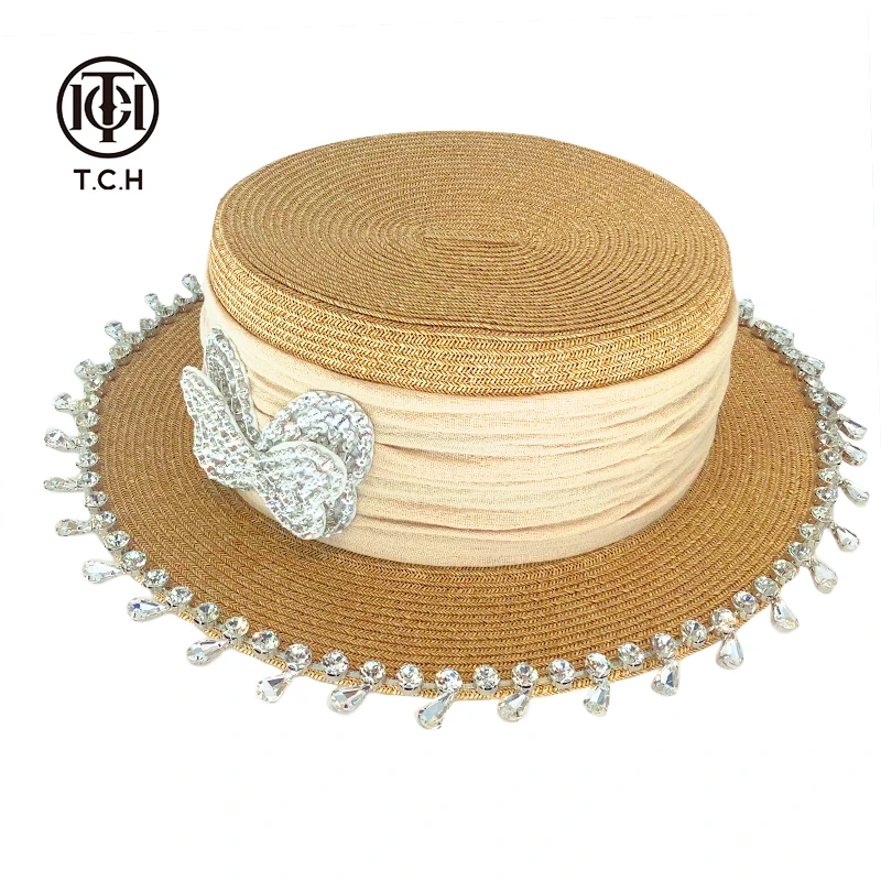 轻奢-T.C.H/2025潮牌时尚米色重工手缝钻遮阳帽T72B41E9013