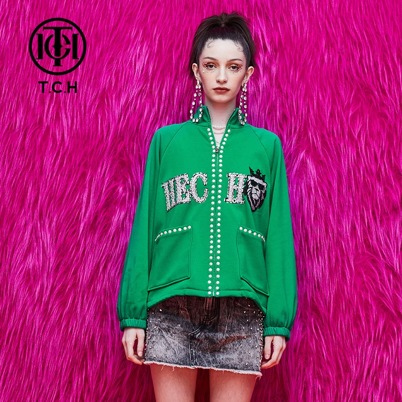 奥莱-TCH拉链衫烫钻虎头珍珠钻时尚绿色男女外套T69A176003