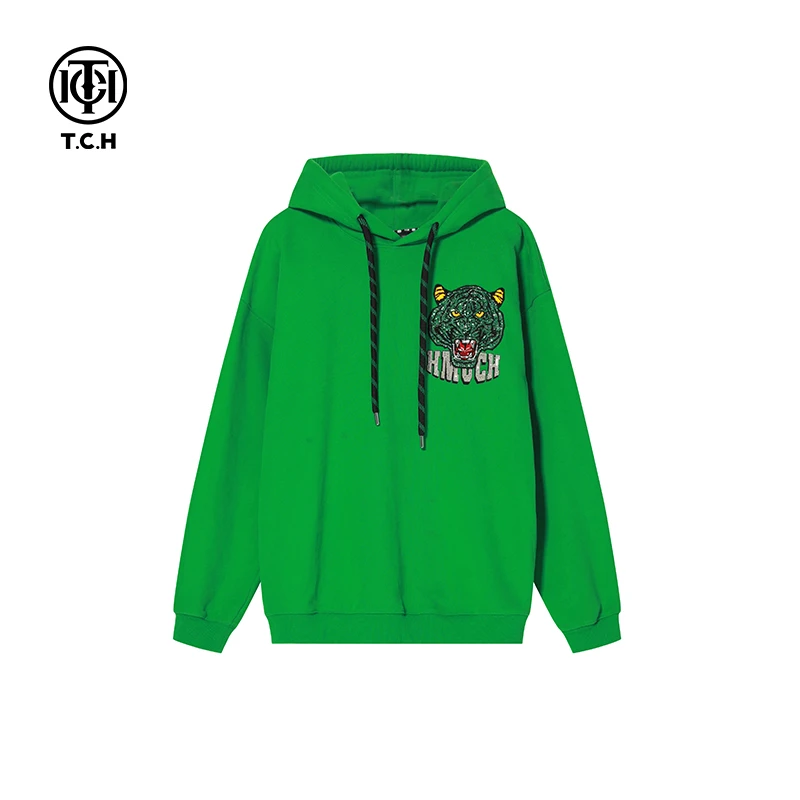 轻奢-TCH潮牌烫钻字母豹头简约款绿色连帽长袖时尚卫衣T69A126010