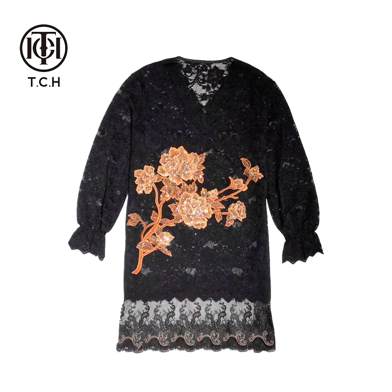 T.C.H/2025春夏新款新中式显瘦气质蕾丝连衣裙T72B30E9005