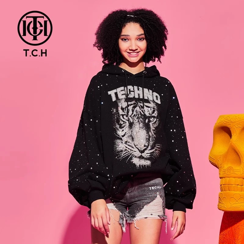 轻奢TCH潮牌黑色烫钻老虎头时尚宽松连帽秋冬长袖卫衣T72A12E6020