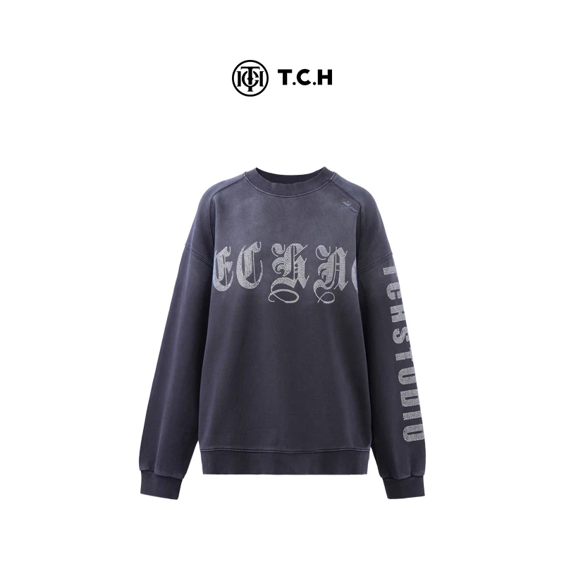 TCH轻奢秋季时尚慵懒风烫钻时尚百搭休闲灰色圆领卫衣T72C11E5008