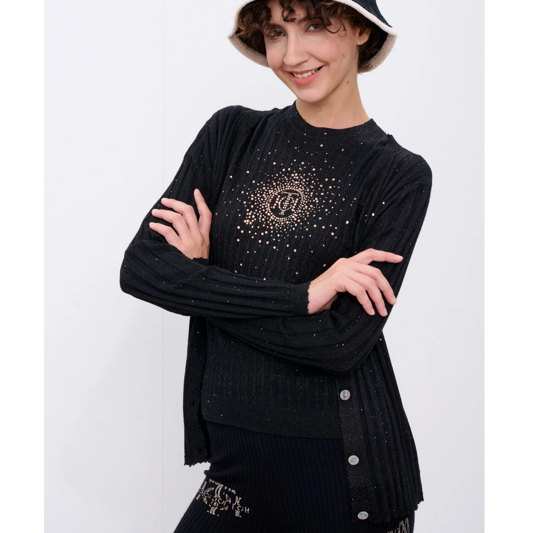 私服-TCH2025新款时尚烫钻长袖针织圆领短袖T恤T72C10E5004